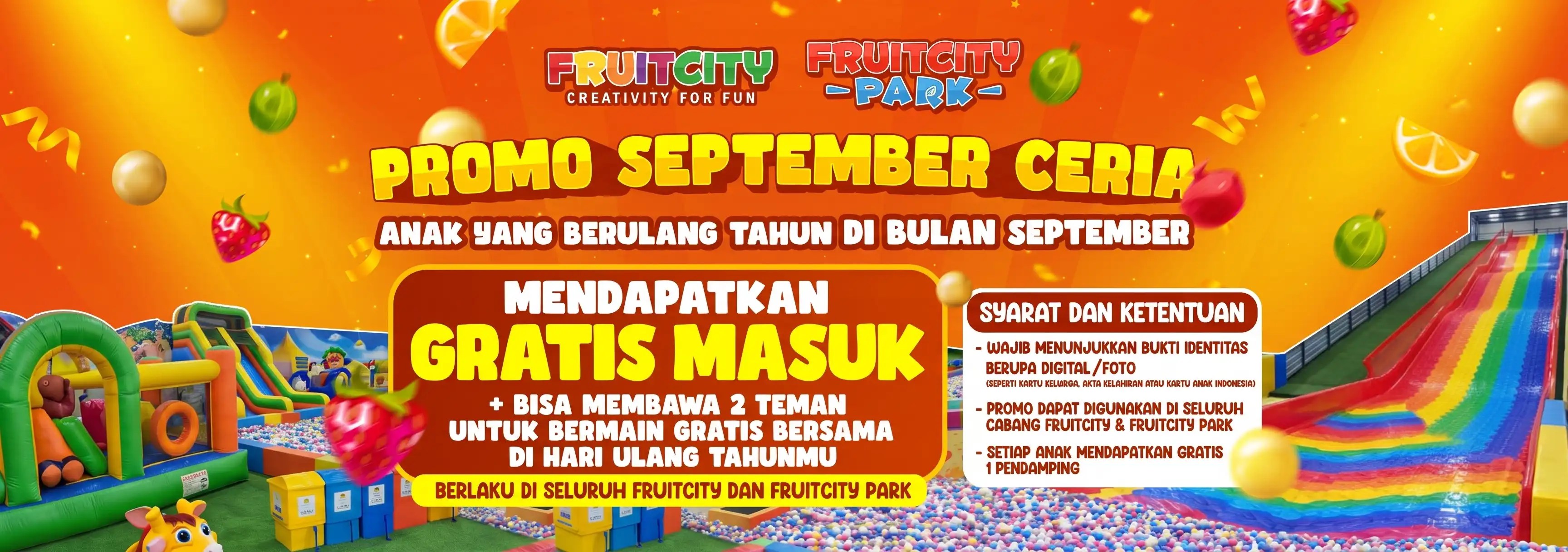 Poster promo September Ceria FRUITCITY: main gratis untuk anak yang berulang tahun di bulan September